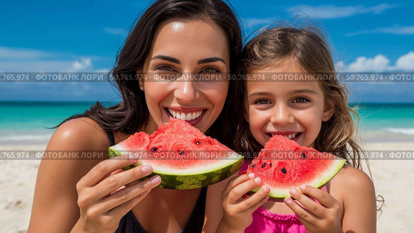 Mom and little daughter are eating watermelon on the tropical shore. Стоковое AI-изображение, AI-художник Ирина Гильмуллина / Фотобанк Лори