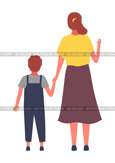 Mom and son stand with their backs. Mother raises her hand up, greeting gesture. Modernly dressed people. Boy and woman. Backside view vector illustration. Catroon illustration for presentation, games. Mom and son backside view vector illustration. Woman in skirt rises her hand up. Boy in overalls. Стоковая иллюстрация, агентство Ingram Publishing / Фотобанк Лори