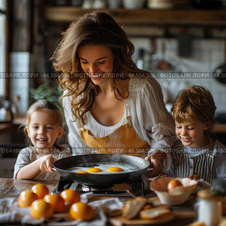 Mom teaches children to cook breakfast. Family breakfast. Fried eggs in a frying pan. Стоковое AI-изображение, AI-художник Коханова Наталья / Фотобанк Лори