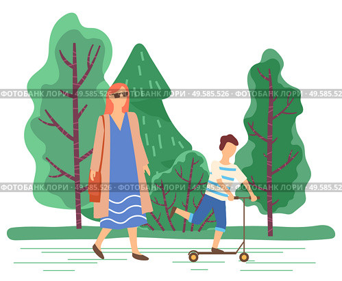 Mom walking by kid on scooter. Family spending free time in park. Natural landscape with trees and greenery of spring. Mother and son on vacations or weekends outdoors. Child with mommy vector. Mother and Son Resting in Spring Park on Weekends. Стоковая иллюстрация, агентство Ingram Publishing / Фотобанк Лори