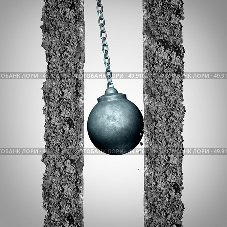 Momentum problem and limited opportunity concept as a wrecking ball limited by an inability to gather velocity due to being boxed in or obstructed by narrow confined walls with 3D illustration elements. Стоковое фото, агентство Ingram Publishing / Фотобанк Лори