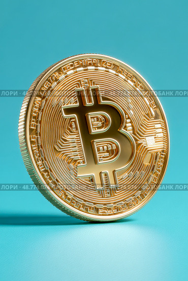 Монета биткойн на бирюзовом фоне. Криптовалюта, блокчейн. Редакционное AI-изображение, AI-художник Sergei Gorin / Фотобанк Лори