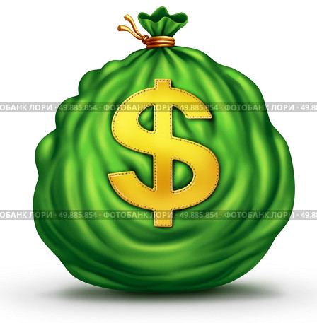 Money bag financial business object as a big green sack of currency with a dollar symbol stitched to the finance icon on a white background as a success winning prize metaphor. Стоковое фото, агентство Ingram Publishing / Фотобанк Лори