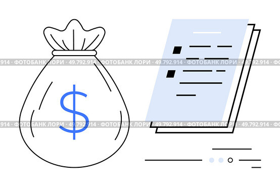 Money bag marked with a dollar sign alongside a stack of documents with checkmarks indicating financial transactions, contracts, or agreements. Ideal for concepts of finance, banking, investments. Money bag with a dollar sign next to a stack of documents with checkmarks representing financial management. Стоковая иллюстрация, агентство Ingram Publishing / Фотобанк Лори