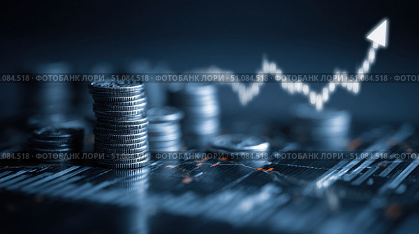 Money coin stack growing graph investment. Finance save. Success, growth wealth stock market. Business in the digital age. Trading chart in financial concepts. Prosperity. Cryptocurrency. Technology. Стоковое AI-изображение, AI-художник Марина Демидюк / Фотобанк Лори