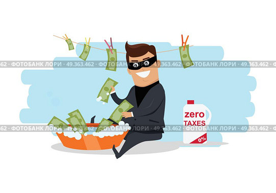 Money Laundering Concept Flat Design Vector. Money laundering concept vector. Flat design. Financial crime, tax evasion, money laundering, political corruption illustration. Man in a business suit, in mask washes the money in bowl with water. Стоковая иллюстрация, агентство Ingram Publishing / Фотобанк Лори