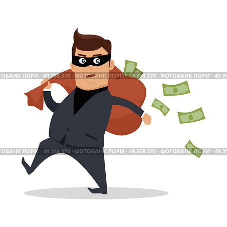 Money Stealing Concept Flat Design Vector. Money stealing concept vector. Flat design. Financial crime, tax evasion, money laundering, political corruption illustration. Robbery. Man in a business suit, in mask carrying a bag of money on back. Стоковая иллюстрация, агентство Ingram Publishing / Фотобанк Лори