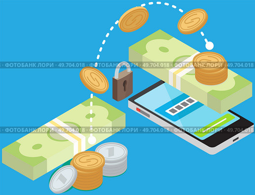 Money transfer. Online payment. Send and receive money wireless with phone. Smartphone with banking payment app. Capital flow, earning. Financial savings or economy. Money online on mobile phone. Money transfer. Online payment. Send and receive money. Smartphone with banking payment app. Стоковая иллюстрация, агентство Ingram Publishing / Фотобанк Лори