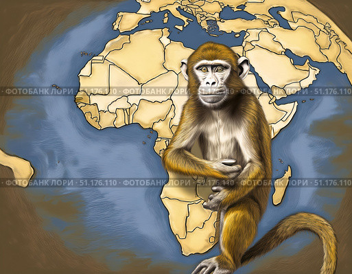 Monkey in front of an map of Africa. Highlights spread and impact of Monkeypox Virus infection. Outbreak smallpox, rash, mpox, mpxv, mpx. Стоковое AI-изображение, AI-художник Андрей Ка / Фотобанк Лори