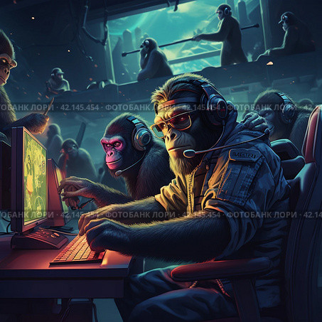 Monkeys in military uniform at the computer, NATO,Generative AI. Стоковое AI-изображение, AI-художник Анна Кривицкая / Фотобанк Лори