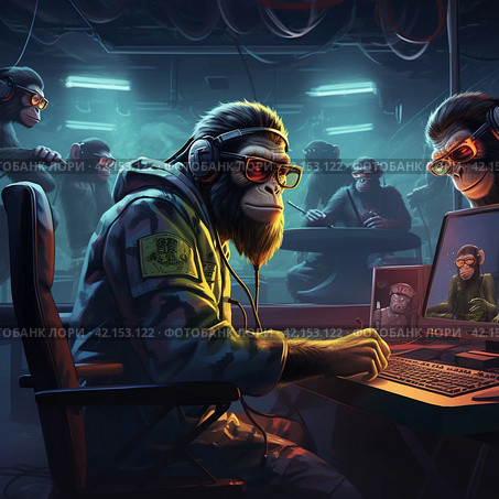 Monkeys in military uniform at the computer, NATO,Generative AI. Стоковое AI-изображение, AI-художник Анна Кривицкая / Фотобанк Лори