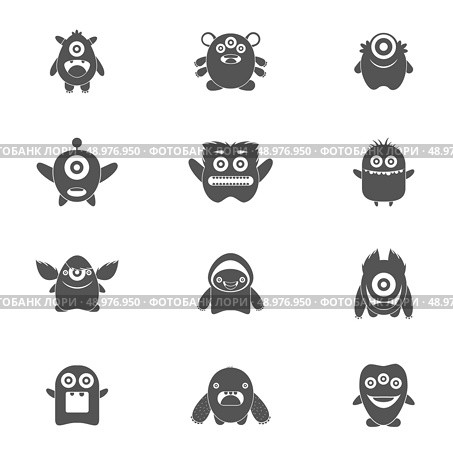 Monster characters group of mutant emoticons black icons set isolated vector illustration. Стоковая иллюстрация, агентство Ingram Publishing / Фотобанк Лори