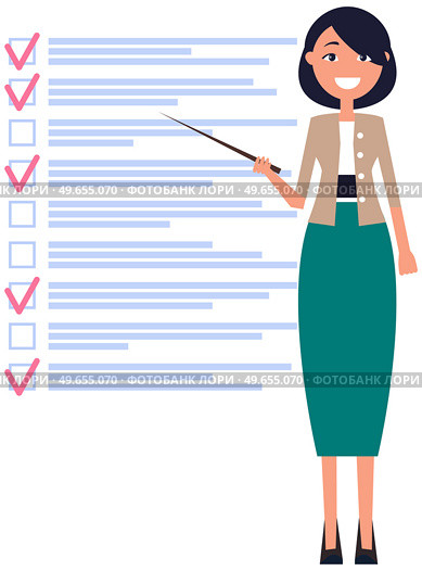 Month scheduling, to do list, time management concept. Woman stands near to do plan and planning schedule. Plan fulfilled, task completed, timetable sheet. Lady works with check list planning. Woman stands near to do list and planning schedule. Plan fulfilled, task completed, timetable sheet. Стоковая иллюстрация, агентство Ingram Publishing / Фотобанк Лори