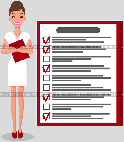 Month scheduling, to do list, time management concept. Woman stands near to do plan and planning schedule. Plan fulfilled, task completed, timetable sheet. Lady works with check list planning. Woman stands near to do list and planning schedule. Plan fulfilled, task completed, timetable sheet. Стоковая иллюстрация, агентство Ingram Publishing / Фотобанк Лори