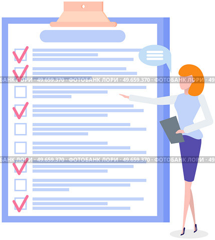Month scheduling, to do list, time management concept. Woman stands near to do plan and planning schedule. Plan fulfilled, task completed, timetable sheet. Lady works with check list planning. Woman stands near to do list and planning schedule. Plan fulfilled, task completed, timetable sheet. Стоковая иллюстрация, агентство Ingram Publishing / Фотобанк Лори