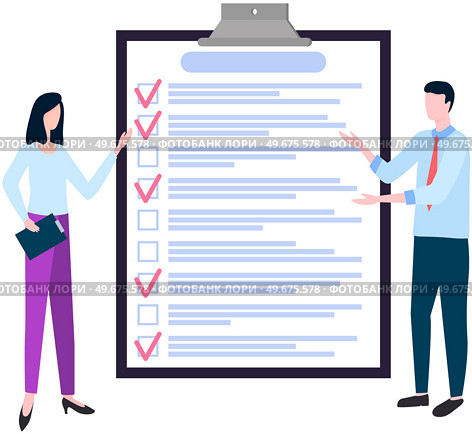 Month scheduling, to do list, time management concept. Man and woman stand near to do list and discuss schedule. Plan fulfilled, task completed, timetable sheet. People work with check list planning. Man and woman stand near to do list and discuss schedule. People work with checklist planning. Стоковая иллюстрация, агентство Ingram Publishing / Фотобанк Лори