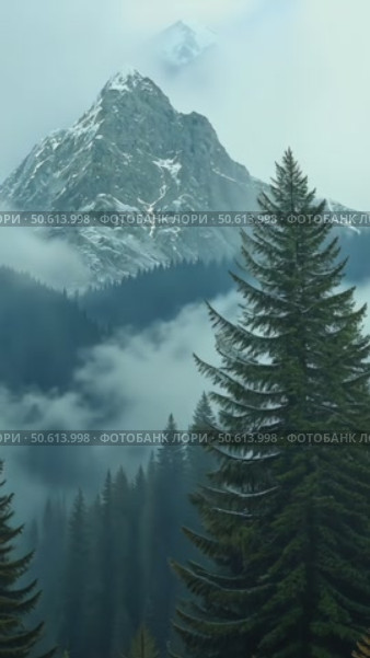 Moody and spooky cinematic forest pass by window. Clouds and fog on mountain cover forest valley. Majestic woods on autumn or winter day in highlands. Стоковое AI-видео, аниматор Sergey Grishin / Фотобанк Лори