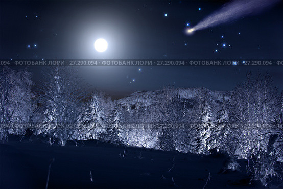 Moon and comet over night winter forest. Night sky with stars. Winter night landscape. Spruce forest in winder. Стоковое фото, фотограф Евгений Ткачёв / Фотобанк Лори