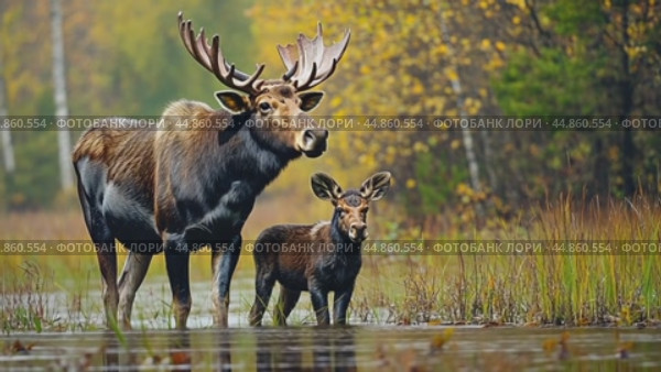 Moose family standing together in a shallow pond amidst autumn foliage. Стоковое AI-видео, аниматор Юрий Поздников / Фотобанк Лори