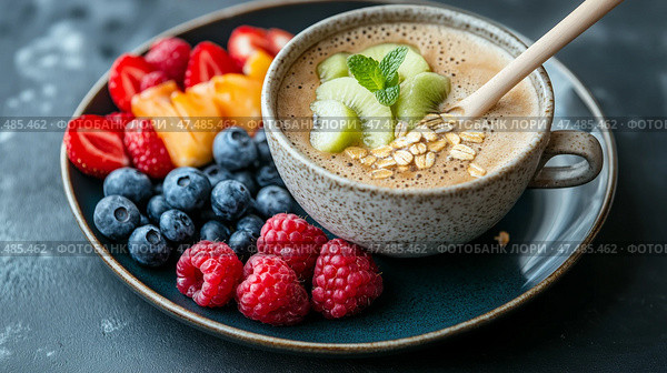 Morning breakfast setting with organic smoothie bowl and fresh fruit assortment. Утренний завтрак с чашей органического смузи и ассорти из свежих фруктов. Стоковое AI-изображение, AI-художник Katsiaryna Repich / Фотобанк Лори