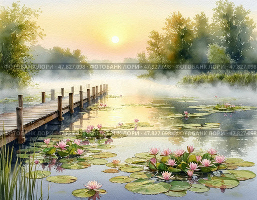 Morning fog on the forest river. River landscape. Стоковое AI-изображение, AI-художник Сергей Елизарьев / Фотобанк Лори