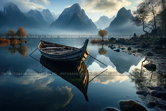 Morning sunrise on the lake with a villager's boat and his fishing gear. Стоковое AI-изображение, AI-художник Ярославский Максим / Фотобанк Лори