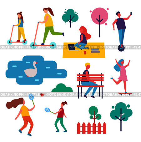 Mother and daughter activities vector. Scooter and tennis game, woman working in park, freelancer job. Man riding hoverboard, trees and fence icon set. Mother and Daughter Activities Vector Illustration. Стоковая иллюстрация, агентство Ingram Publishing / Фотобанк Лори