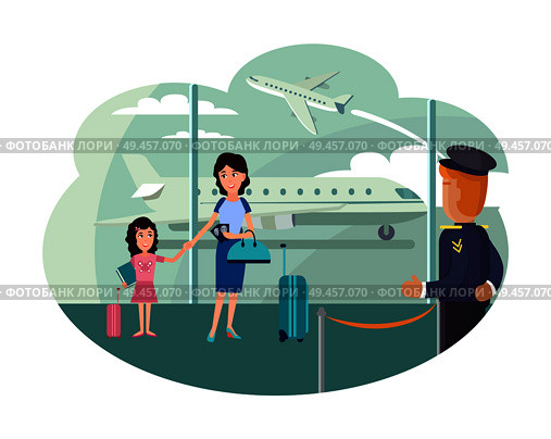 Mother and daughter at airport ready for leave. Family looks for shelter in other country. Parent with child want to embark plane vector illustration.. Mother and Daughter at Airport Ready to Leave. Стоковая иллюстрация, агентство Ingram Publishing / Фотобанк Лори