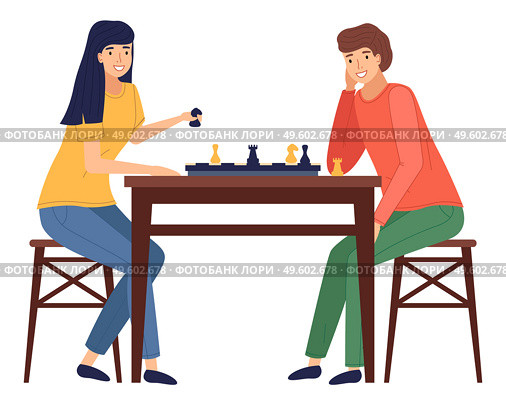 Mother and daughter playing board game together vector isolated on white illustration. Female characters friends playing chess sitting on chairs at table. Indoor entertainment for adults and children. Mother and daughter playing a board game together sitting at a table vector isolated illustration. Стоковая иллюстрация, агентство Ingram Publishing / Фотобанк Лори