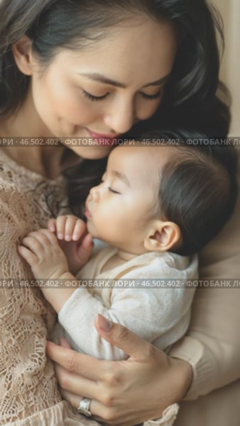 Mother embracing sleeping baby with tenderness. Стоковое AI-видео, аниматор Юрий Поздников / Фотобанк Лори