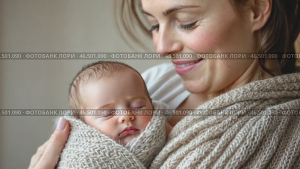 Mother holding sleeping newborn baby wrapped in knitted blanket. Стоковое AI-видео, аниматор Юрий Поздников / Фотобанк Лори