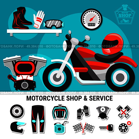 Motorcycle shop and service flat vector illustration with spare parts and bikers gear wares decorative elements. Motorcycle Shop And Service Illustration . Стоковая иллюстрация, агентство Ingram Publishing / Фотобанк Лори
