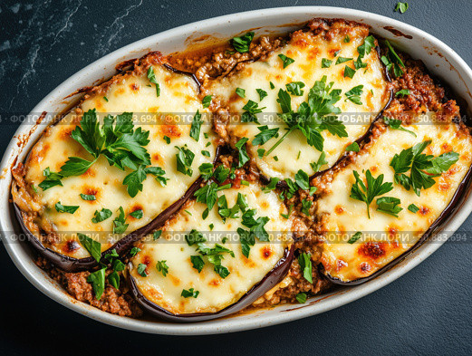 Moussaka with layers of eggplant, ground lamb, and bechamel sauce. Стоковое AI-изображение, AI-художник Татьяна  Бральнина / Фотобанк Лори