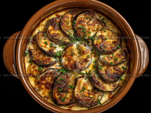Moussaka with layers of eggplant, ground lamb, and bechamel sauce. Стоковое AI-изображение, AI-художник Татьяна  Бральнина / Фотобанк Лори