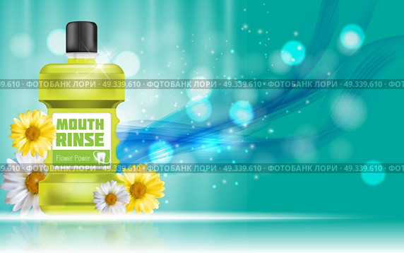 Mouth Rinse Design Cosmetics Product Bottle with Flowers Chamomile Template for Ads, Announcement Sale, Promotion New Product or Magazine Background. 3D Realistic Vector Iillustration. EPS10. Mouth Rinse Design Cosmetics Product Bottle with Flowers Chamomi. Стоковая иллюстрация, агентство Ingram Publishing / Фотобанк Лори