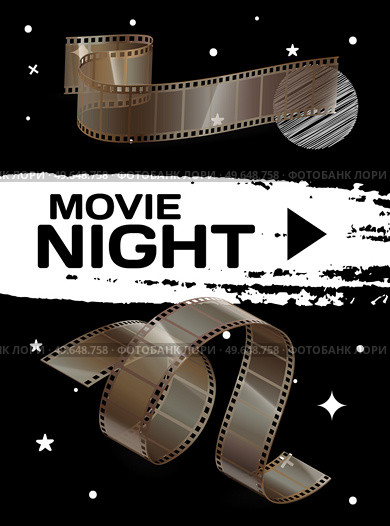 Movie night banner with cinema movie and photography 35 mm film strip template in vintage style. Cinema strip isolated icon with recorded film on tape, cinematography retro photo roll with frames. Movie night banner with cinema movie and photography 35 mm film strip template in vintage style. Стоковая иллюстрация, агентство Ingram Publishing / Фотобанк Лори