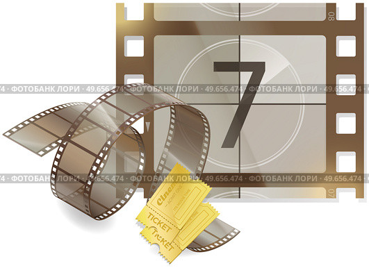 Movie time banner with cinema movie and photography 35 mm shining film strip template in vintage style. Cinema strip isolated icon with recorded film on tape, cinematography retro photo roll. Movie time banner with cinema movie and photography 35 mm film strip template in vintage style. Стоковая иллюстрация, агентство Ingram Publishing / Фотобанк Лори