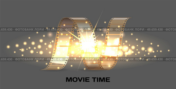 Movie time banner with cinema movie and photography 35 mm shining film strip template in vintage style. Cinema strip isolated icon with recorded film on tape, cinematography retro photo roll. Movie time banner with cinema movie and photography 35 mm film strip template in vintage style. Стоковая иллюстрация, агентство Ingram Publishing / Фотобанк Лори
