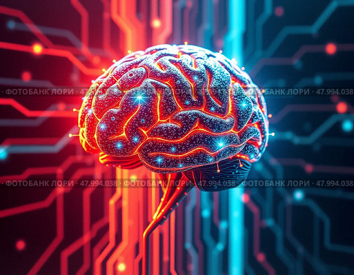Мозг искусственного интеллекта, состоящий из схем, цифровых световых импульсов, абстрактного футуристического фона. Стоковое AI-изображение, AI-художник Ольга Денис / Фотобанк Лори
