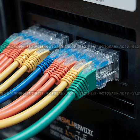 Multi-colored wires close-up. Internet connection. Modern technologies. Futuristic computer technology background. Стоковое AI-изображение, AI-художник Iva Noel / Фотобанк Лори