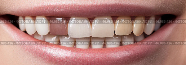 Multicolored false teeth. unsuccessful veneers. Colorful artificial teeth. A smile with an example of the shades of teeth. Стоковое AI-изображение, AI-художник Анна Чижова / Фотобанк Лори