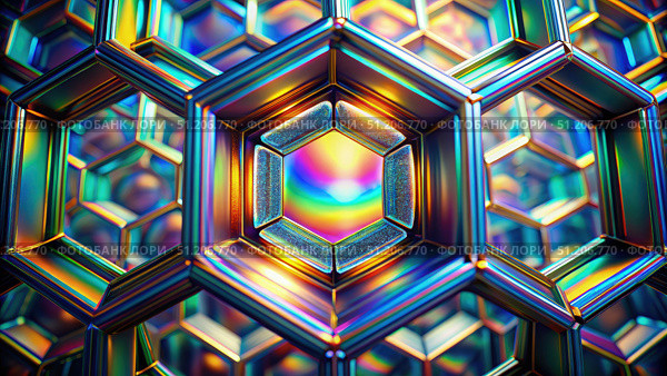 Multifaceted Hexagonal Prism Lens Effect With Chromatic Spectrum. Generative AI. Стоковое AI-изображение, AI-художник Roman Zavorotny / Фотобанк Лори