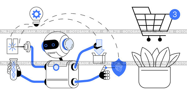 Multifunction robot completing various tasks including holding a DNA sample, packaging, and activating security features. Shopping cart with notification and plant icon. Ideal for automation. Multifunction Robot Performing Tasks Shopping, Science, Packaging, Security, and Innovation. Стоковая иллюстрация, агентство Ingram Publishing / Фотобанк Лори
