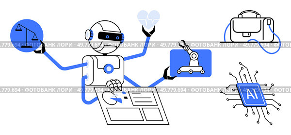 Multifunctional robot with multiple arms engaging in legal, health, and automation tasks, carrying a briefcase, and focusing on AI. Ideal for technology, automation, AI, legal tech, health tech. Multifunctional Robot Engaged in Various Activities Including Legal, Health, and Technological Tasks. Стоковая иллюстрация, агентство Ingram Publishing / Фотобанк Лори