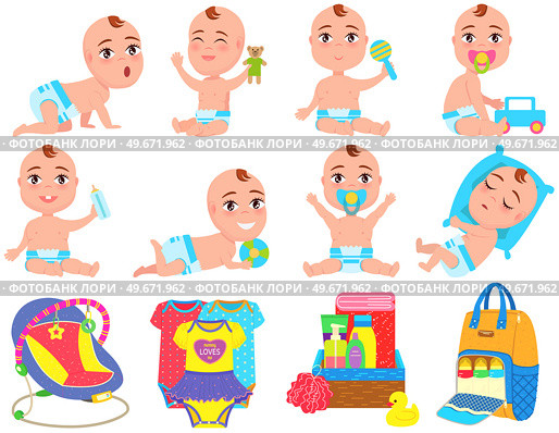 Multinational children, kids playing, baby care objects, newborn items supplies, set of icons. Toys, clothes, devices for transporting, bathing of babies. Babies in diapers crawling, smiling. Multinational children, kids playing, baby care objects, newborn items supplies, set of icons. Стоковая иллюстрация, агентство Ingram Publishing / Фотобанк Лори