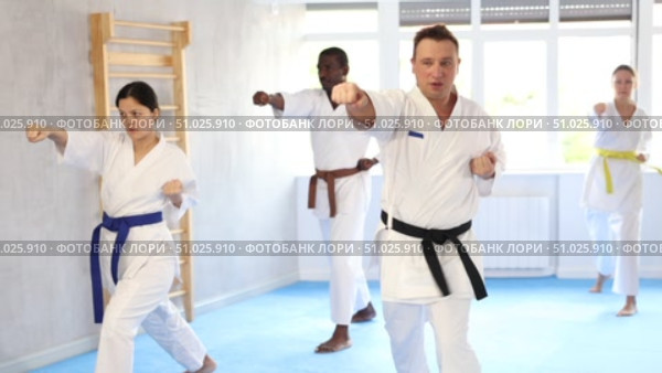 Multinational students repeat position and perform sequence of punches and painful techniques kata. Стоковое видео, видеограф Яков Филимонов / Фотобанк Лори