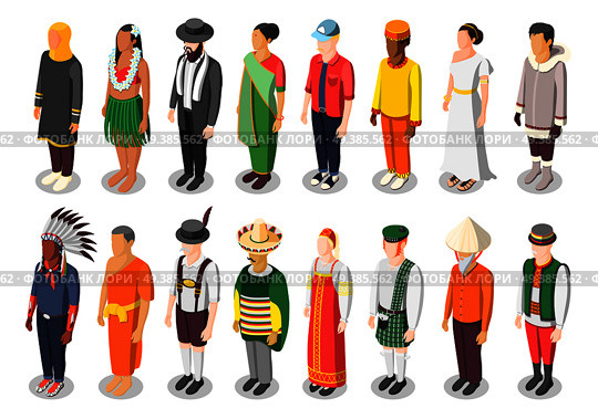 Multinational world culture isometric icons set of sixteen characters in colorful native national costumes isolated vector illustration . Multinational World Culture Isometric Icons. Стоковая иллюстрация, агентство Ingram Publishing / Фотобанк Лори