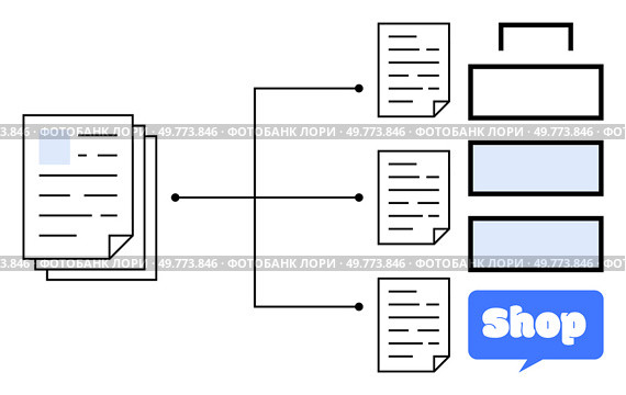 Multiple documents connected to different stages and elements by lines. Displays pathways leading to folders and a shopping sign. Ideal for business, e-commerce, workflow diagrams, organization. Document Workflow System with Connection to Shopping Platform Concept. Стоковая иллюстрация, агентство Ingram Publishing / Фотобанк Лори