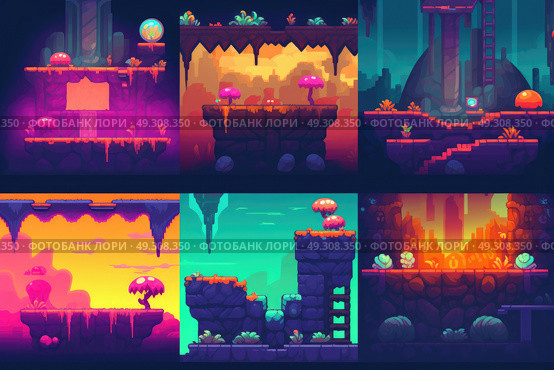 Multiple instances of pixel art arranged in a repetitive pattern, showcasing a variety of color shades and designs. Стоковое AI-изображение, AI-художник Данила Большаков / Фотобанк Лори