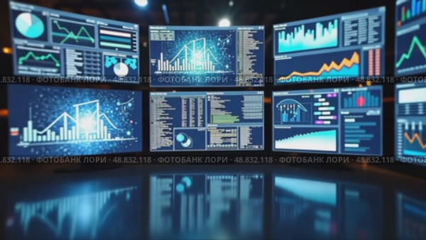 Multiple screens displaying various images symbolizing data monitoring and analysis, front view, bright lighting, tech color palet. Стоковое AI-видео, аниматор Sergey Grishin / Фотобанк Лори
